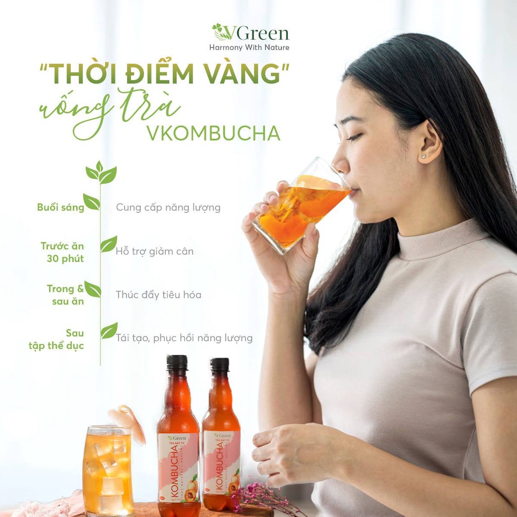 KOMBUCHA VGREEN - Trà bất tử hữu cơ dưỡng sinh vị Trà xanh, Dừa, Dâu, Đào, Sâm dứa, Kombucha Light 250ml