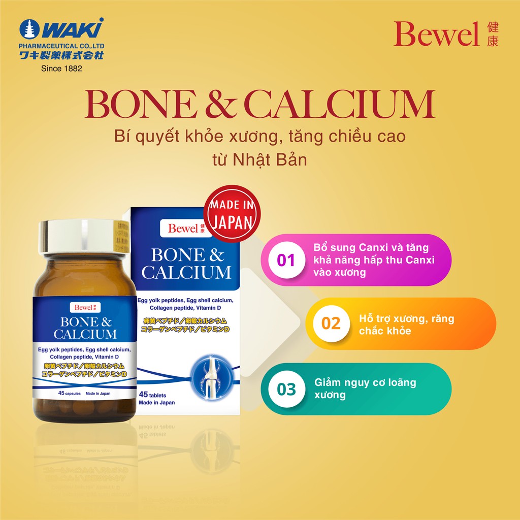 Viên uống bổ sung canxi tăng chiều cao, giảm loãng xương Bewel Bone & Calcium hộp 45 viên Waki