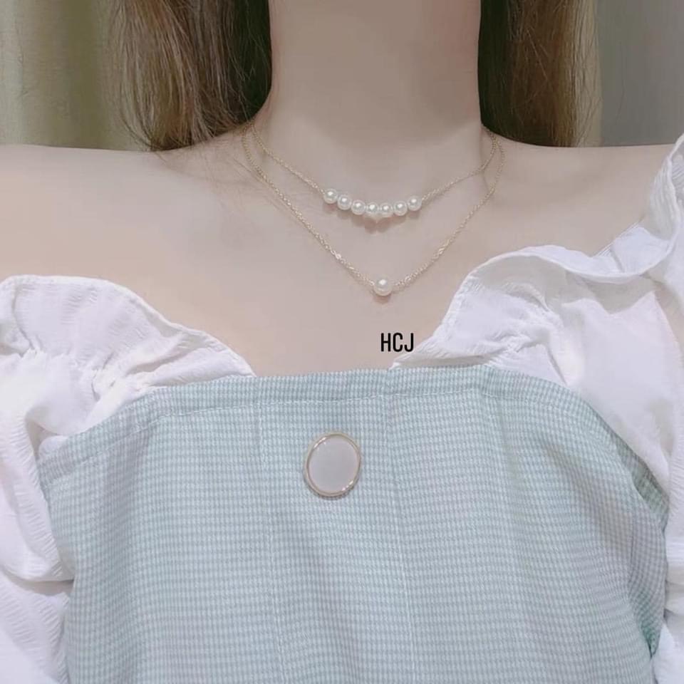 Dây chuyền nữ bạc ta, dây chuyền kép 2 tầng mix hạt trai nhân tạo sang trọng - Kho sỉ bạc Nhất Linh