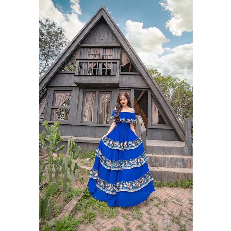 Đầm maxi thổ cẩm BOHO đi biển bẹt vai họa tiết nhíu tầng cá tính dã ngoại phong cách XUKA-DRESS DT05(hình thật tự chụp)