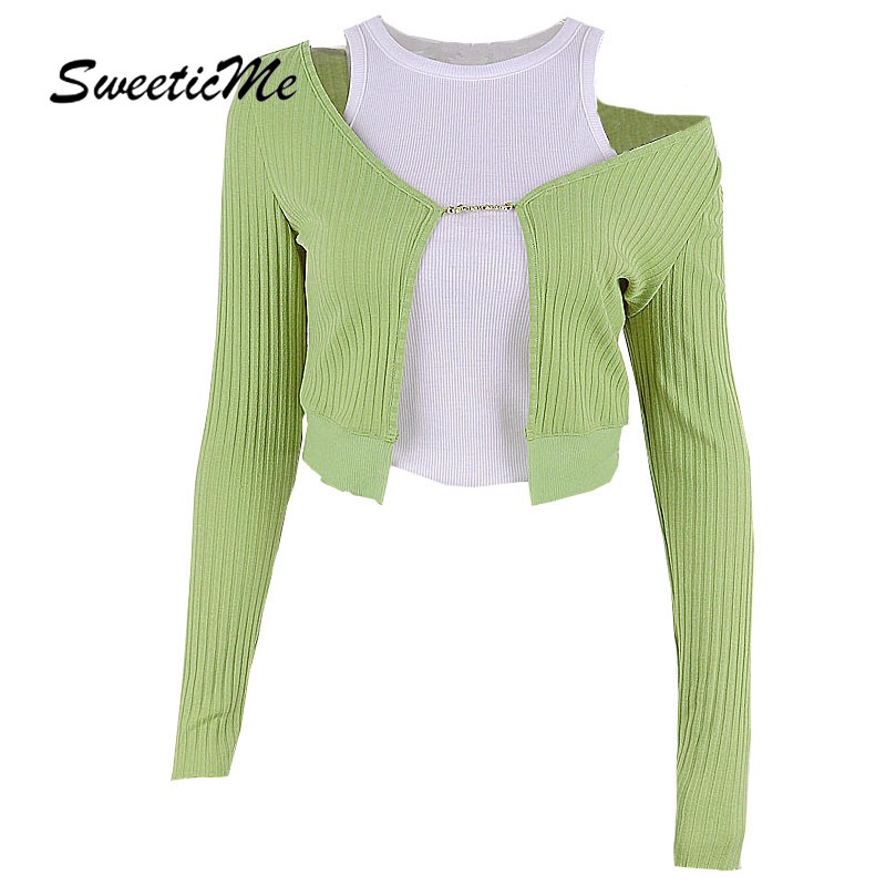 Áo thun cardigan hai mảnh màu tương phản tay dài thời trang mới  cho nữ