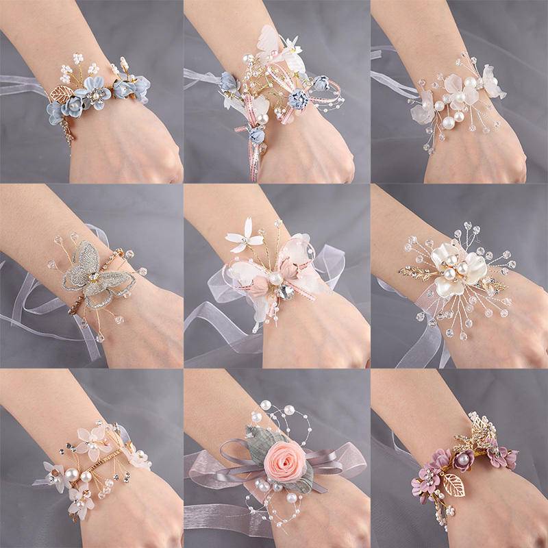 Vòng Hoa Đeo Tay Cô Dâu Đính Hạt Phong Cách Hàn Quốc Dành Cho Cô Dâu Quà Tặng Tiệc Tùng Du Lịch Wedding Accessories Hand Flowers Bouquet Bridal Bangle Bridesmaid Wristband Wrist Flower for Bride Souvenirs Kids Korean Style Bangles