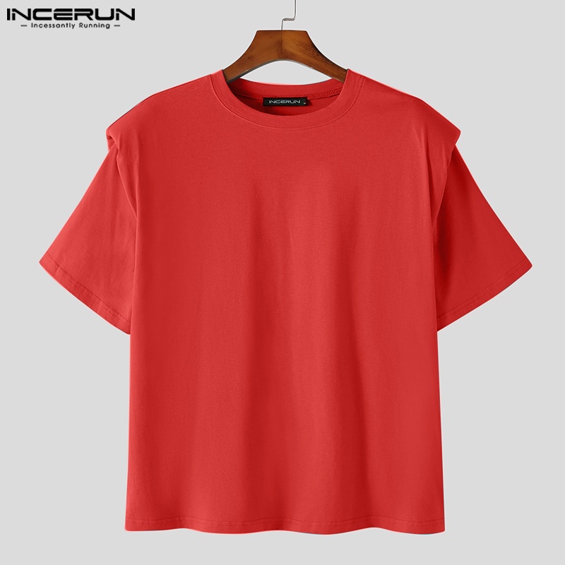 Áo thun INCERUN trơn màu tay ngắn cổ tròn dáng rộng đơn giản cho nam