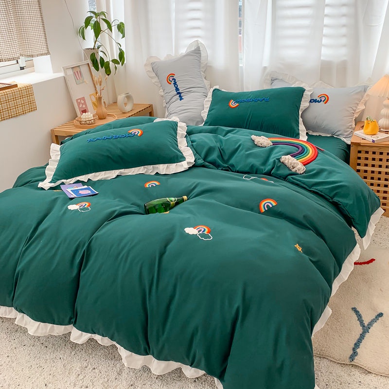 Ins net red cartoon washed cotton bed four piece set Korean princess style girl heart embroidered quilt cover fitted sheet L4Ry