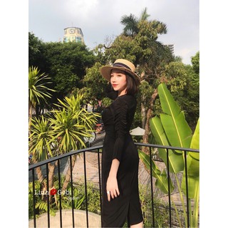 Váy midi lụa đen dúm eo chun tay