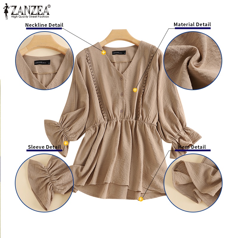 Zanzea Áo Ren Tay Phồng 3 / 4 Cổ Chữ V Thời Trang Hàn Quốc Dành Cho Nữ