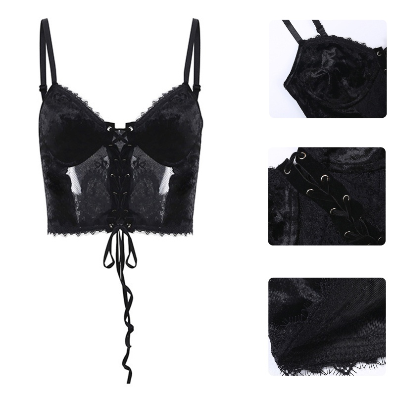 Brroa Áo Croptop Hai Dây Buộc Dây Bằng Nhung Đen Phong Cách Gothic Harajuku Gợi Cảm Cho Nữ