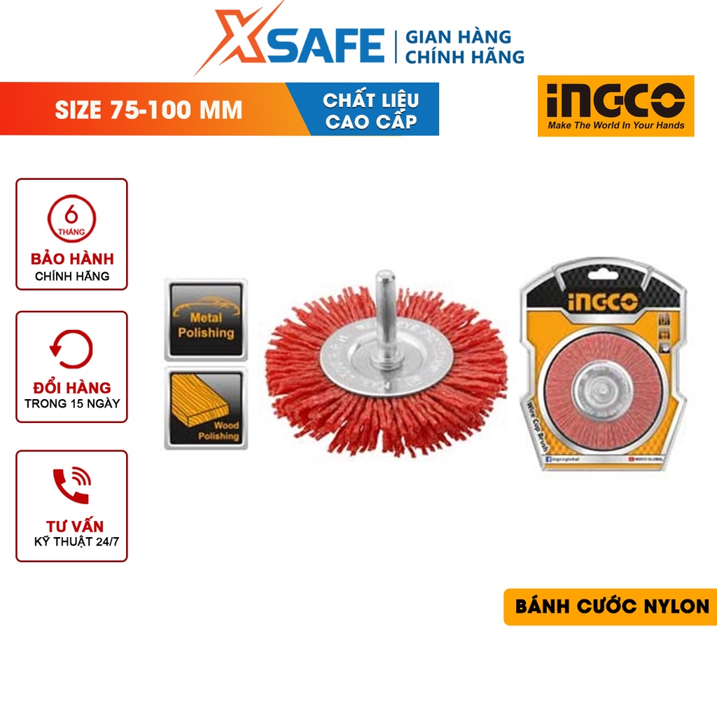 Bánh cước nylon INGCO Chén cước nylon 2 kích thước 75-100mm, đường kính dây cước 1.3-1.5mm, đường kính cốt 6.3mm