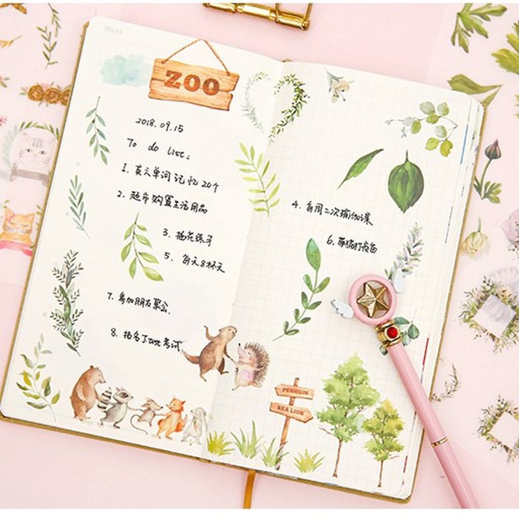 Set 6 sticker hoa lá vintage, món ăn, tiệc trà, chữ retro trang trí bullet journal