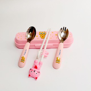 Bộ đũa tập ăn cho bé và thìa dĩa tập cho bé ăn thô inox Happy cat