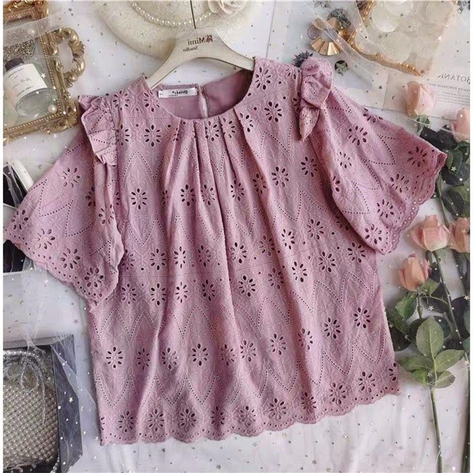 Áo kiểu babydoll tay phồng phối ren họa tiết hoa thêu đáng yêu hợp thời trang cho nữ Ulzzang