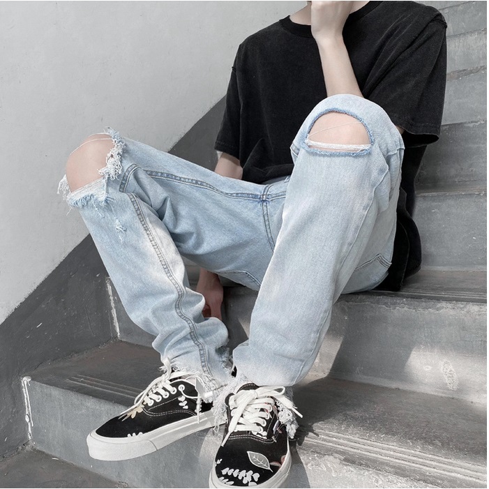 (sale xả kho) Quần jean rách nam rách gối dáng baggy màu xanh trắng 324 Pon.mens