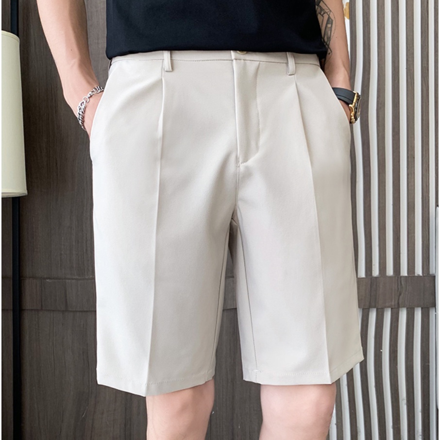Quần Short Nam Kem, Be Vải Tây Âu Cạp Nút Thoáng Mát Đi Biển Phong Cách Hàng Quốc-QD04