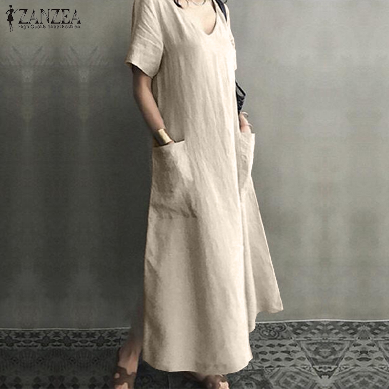 Đầm maxi ZANZEA ngắn tay cổ chữ V phong cách đơn giản cho nữ