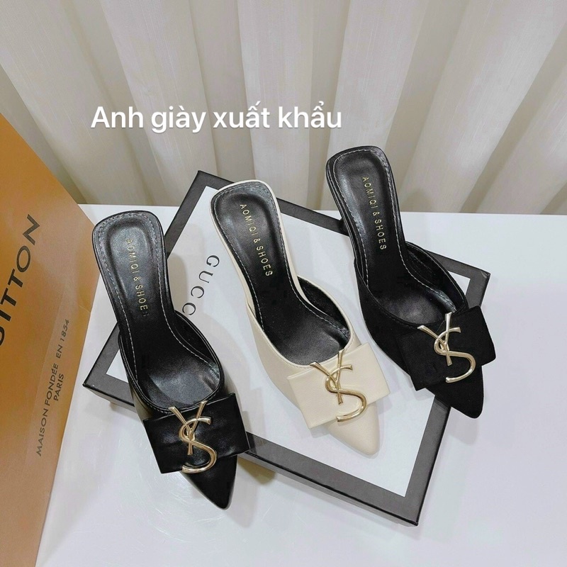 DL50 - Dép sục gót nhọn 5p da lộn mũi nhọn nơ ngang ,kiểu dáng trẻ trung , 2 màu đen kem, gót nhọn chắc chắn