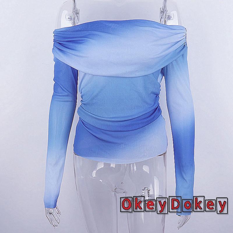 Áo Thun Tay Dài Trễ Vai Phối Lưới Nhuộm Màu Thời Trang Đường Phố Cho Nữ ODokey