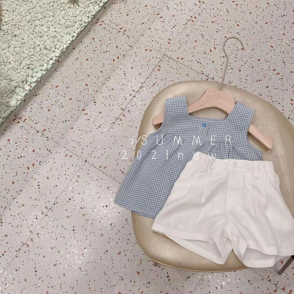 Set Đồ Mùa Hè Năm 2021 Gồm Áo Hai Dây Và Quần Ngắn Kẻ Ô Phong Cách Hàn Quốc Cho Bé Gái 5