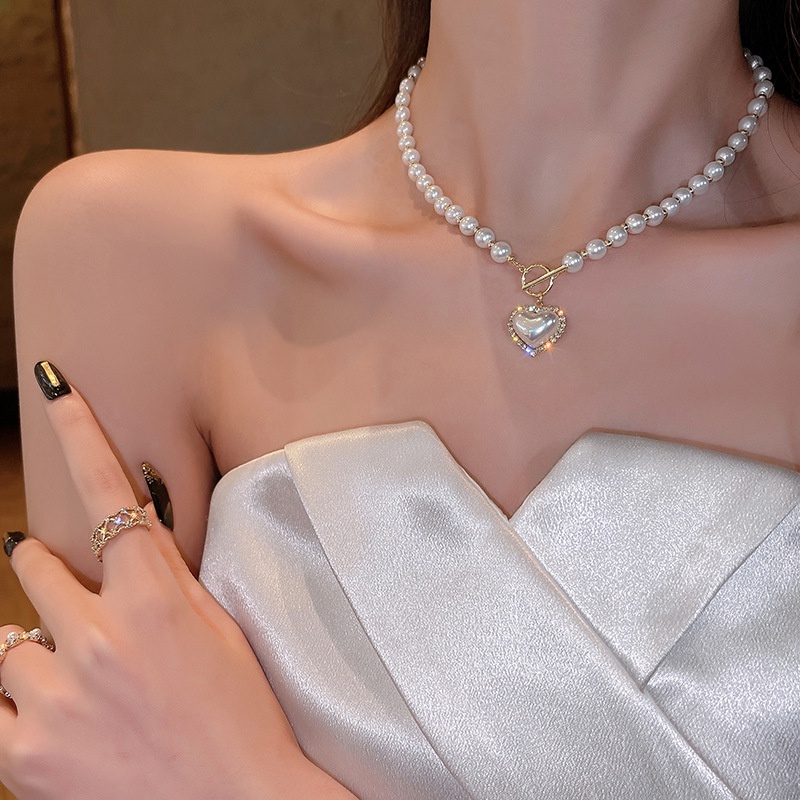 Ot Vòng cổ Hình Trái Tim Đính Ngọc Trai Và Kim Cương Thời Trang Hàn Quốc