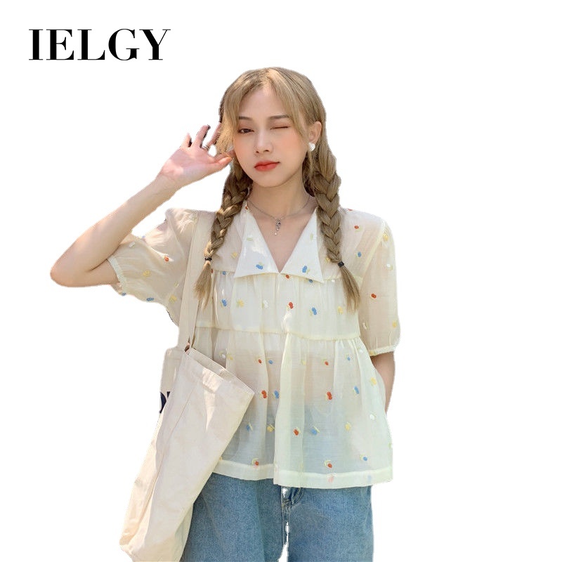 Áo IELGY tay phồng dáng ngắn mềm thêu họa tiết phong cách ngọt ngào cho nữ