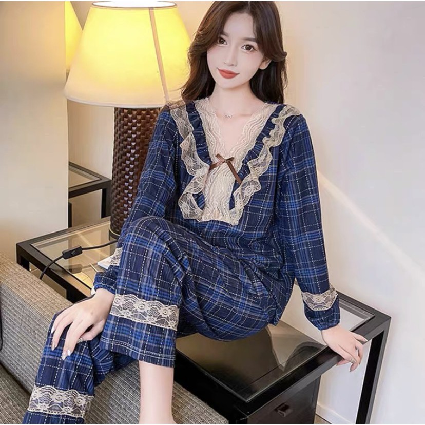 Bộ ngủ pijama nữ dài tay chất chất liệu lụa sữa cao cấp màu kẻ xanh đậm - bộ ngủ thu đông (có bigsize) | BigBuy360 - bigbuy360.vn
