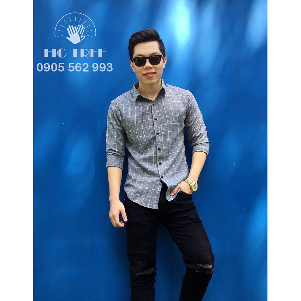 Áo Sơ Mi Nam FIGTREE Hot Boy Caro Xám Mã 126A Full Size