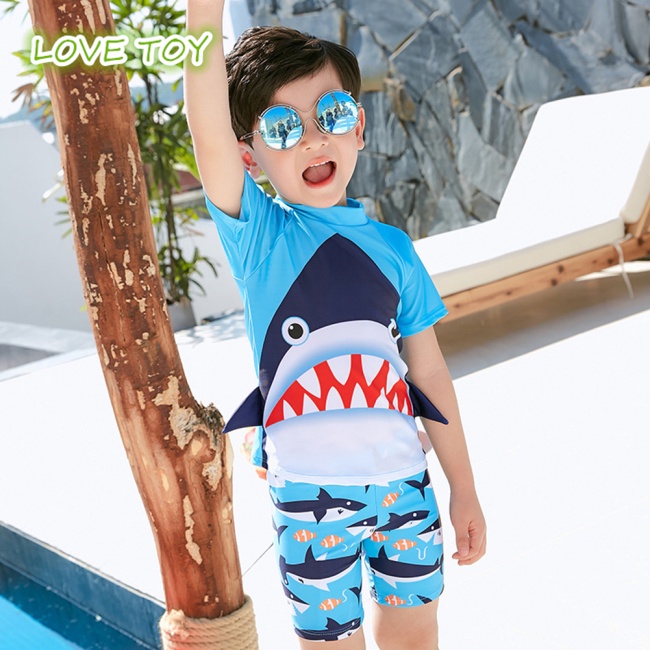 Set Đồ Bơi 3 Món Gồm Quần Short + Mũ In Hình Cá Mập Hoạt Hình Nhanh Khô Chống Nắng Dành Cho Bé Trai