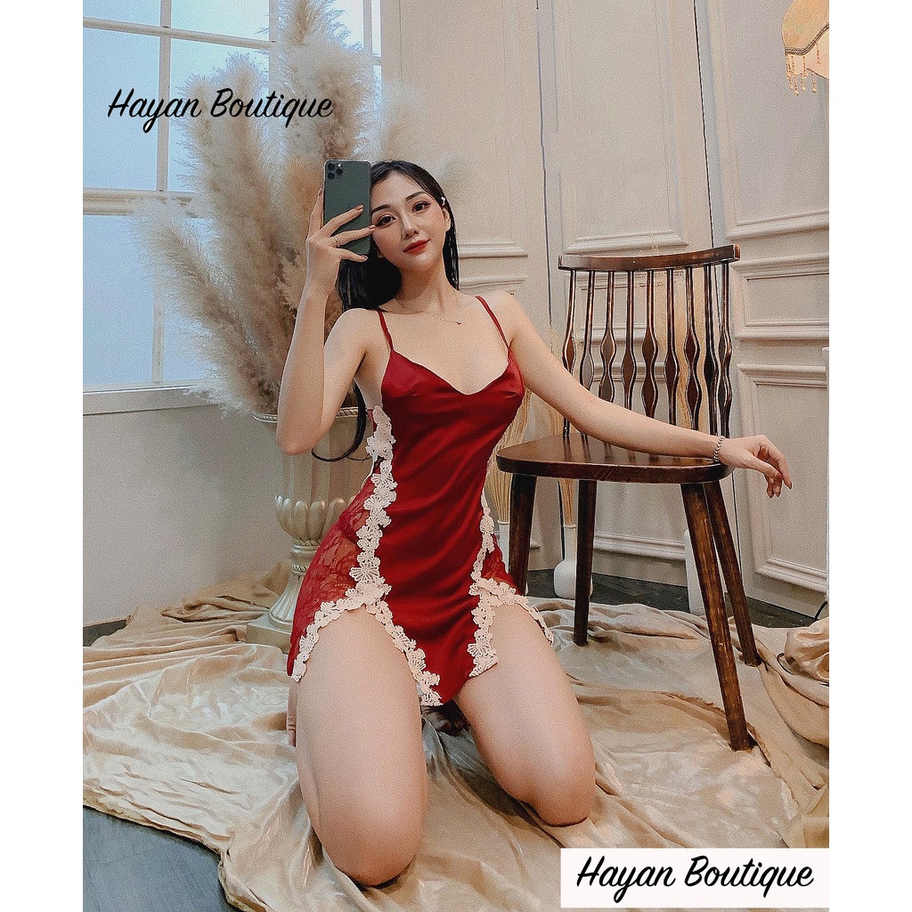 Váy ngủ sexy xẻ đùi viền hoa dập nổi trắng, váy ngủ lụa gợi cảm QUẢNG CHÂU #HT21
