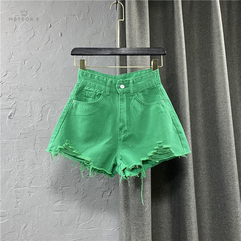 Quần đùi denim ống rộng lưng cao thiết kế kiểu rách phong cách Hàn Quốc sành điệu cho nữ