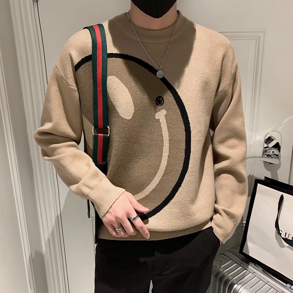Áo Sweater Dệt Kim Cổ Tròn In Hình Mặt Cười Thời Trang Thu Đông Mới Cho Nam
