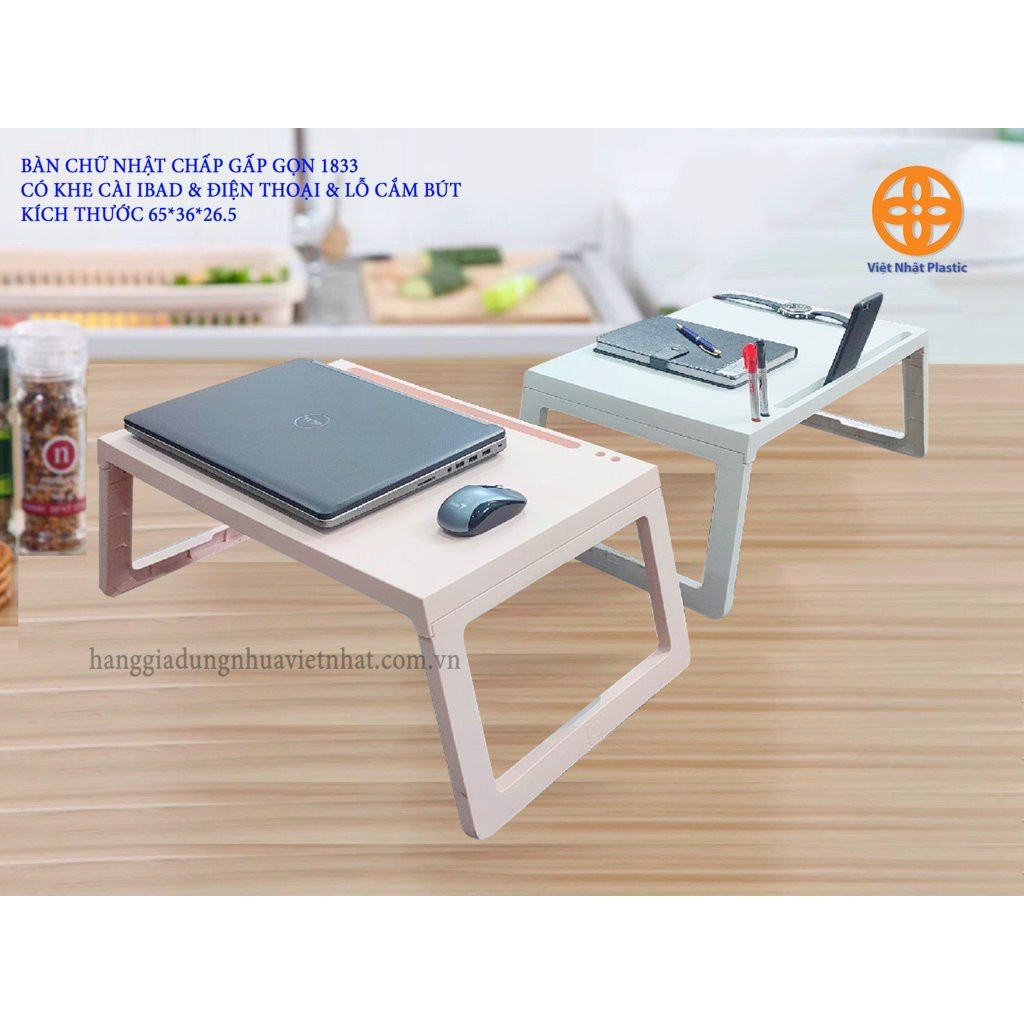 Bàn học nhựa chữ nhật chân gập Việt Nhật có khe cắm ipad và bút di chuyển mọi nơi decor trang trí phòng gọn nhẹ tiện lợi