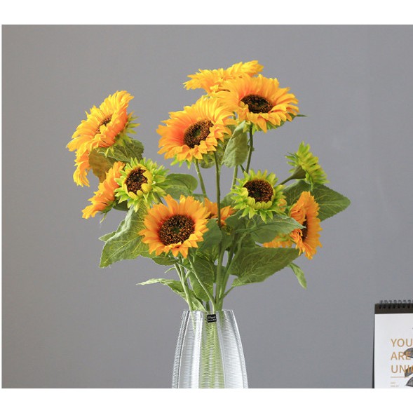 Hoa hướng dương giả cao câp, 1 cành 3 bông decor trang trí