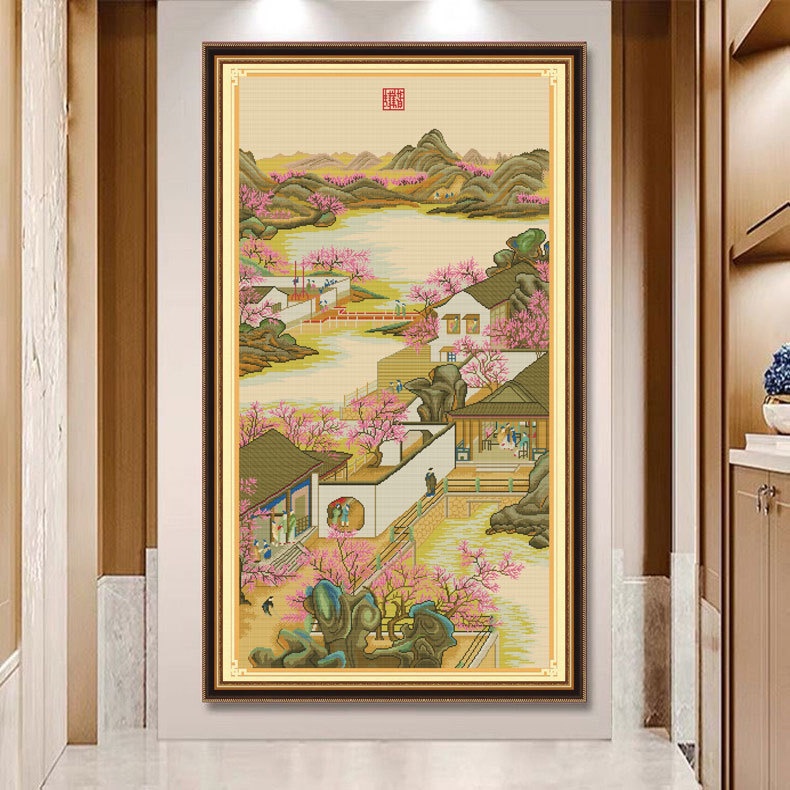 (VẢI NÂU) Tranh thêu chữ thập chỉ lụa phong cảnh 12 tháng Ung chính tháng 3
