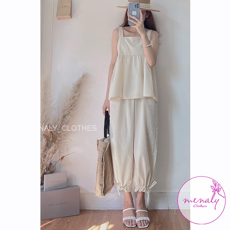 Set bộ nữ áo 2 dây babydoll bản to quần bom nữ SE031, mẫu set bộ mặc được 2 kiểu quần suông hoặc rút dây