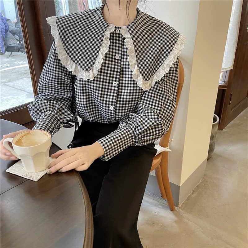 Áo sơ mi nữ dài tay cổ bèo ren tay bồng dáng rộng phong cách tiểu thư ulzzang 2 màu | BigBuy360 - bigbuy360.vn