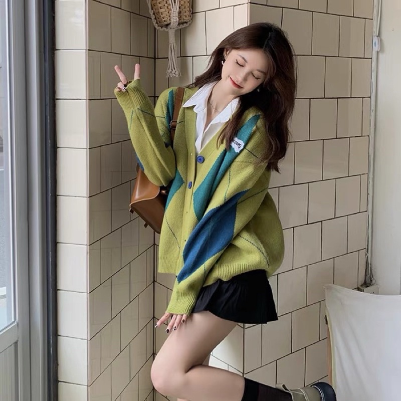Áo khoác cardigan xanh mù tạt len min chất dày thu đông
