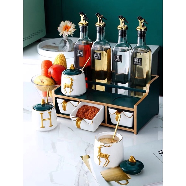 Bộ Gia Vị Hũ Hình Hươu Viền Vàng Hàng Cao Cấp
