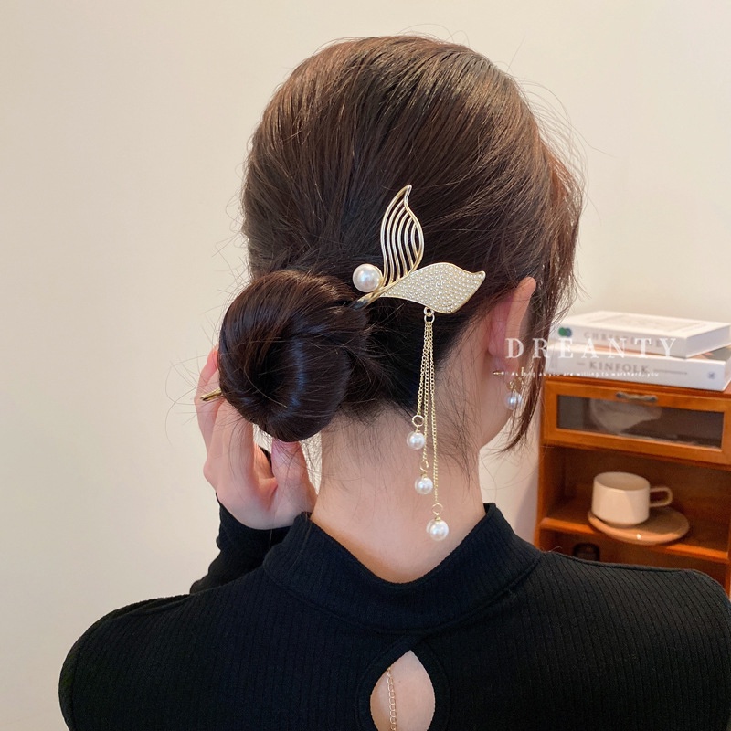 Kẹp Tóc Đuôi Cá Đính Ngọc Trai Pha Lê Phong Cách Pháp Cổ Điển Thời Trang Cho Nữ