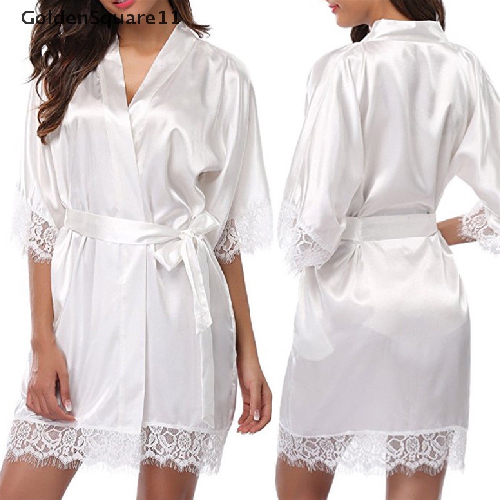 [GoldenSquare11] Sexy Women Lace Long Bride Kimono Robe Satin Silk Night Dressing Gown .