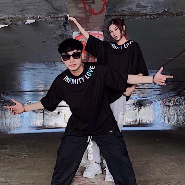 Áo thun phản quang 7 màu tay lỡ  Form Rộng INFINITY LOVE nam nữ unisex hai màu trắng đen oversize Siêu Chất
