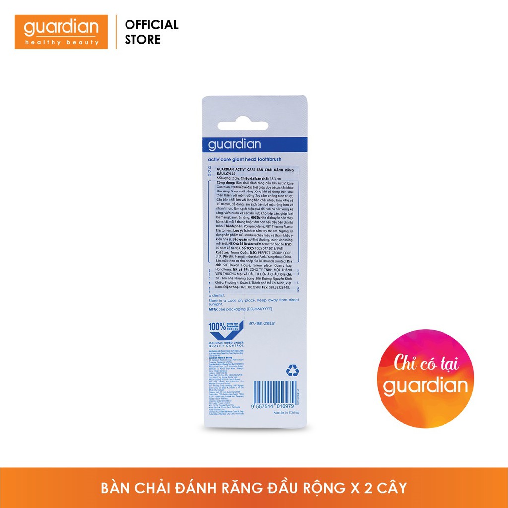 Bàn chải đánh răng Guardian Activ Care đầu lớn 2 cái