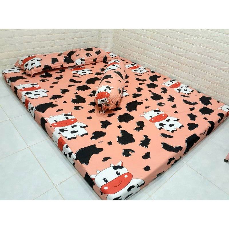 BỘ DRAP THUN HÀN QUỐC BÒ SỮA CUTE [ 4 MÓN : 1 TRẢI GIƯỜNG,  2 VỎ GỐI NẰM, 1 VỎ GỐI ÔM ].