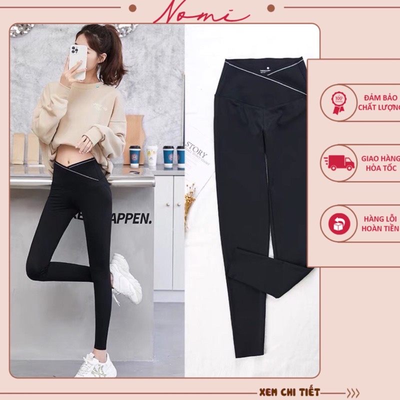 Quần legging cạp cao gen bụng vạt chéo viền trắng kèm hộp