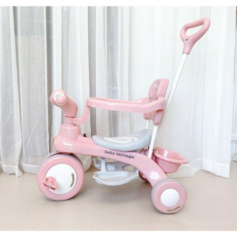 Xe đạp 3 bánh 618, xe đẩy du lịch kiêm xe chòi chân cho bé, có cần đẩy phát nhạc và khung bảo vệ bé