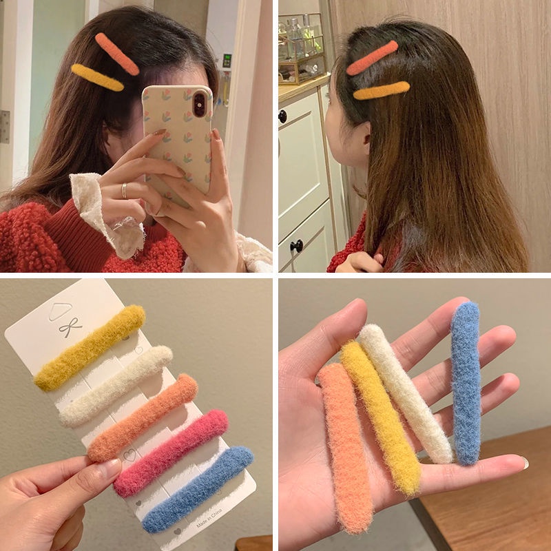 Set 3 kẹp tóc bọc vải phối lông ngắn thời trang cho nữ
