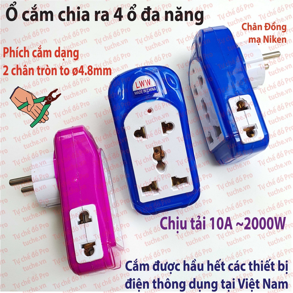 Ổ cắm chia ra 4 ổ cắm lỗ đang năng, phích cắm chân tròn to bằng Đồng