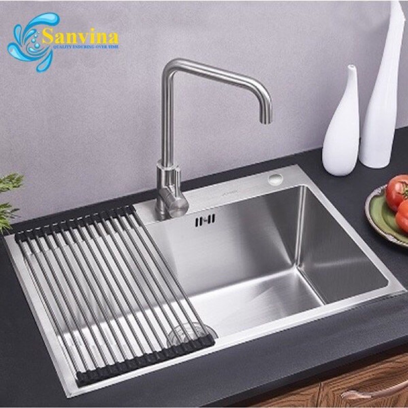 Bồn chậu rửa chén đúc liền khối inox 304 1 hộc lớn size 60x45cm