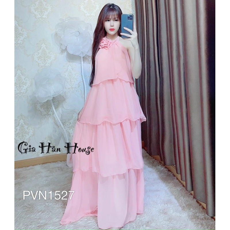 G 10g- đầm maxi i 5 tầng yếm cổ đính hoa, màu theo hình sàn