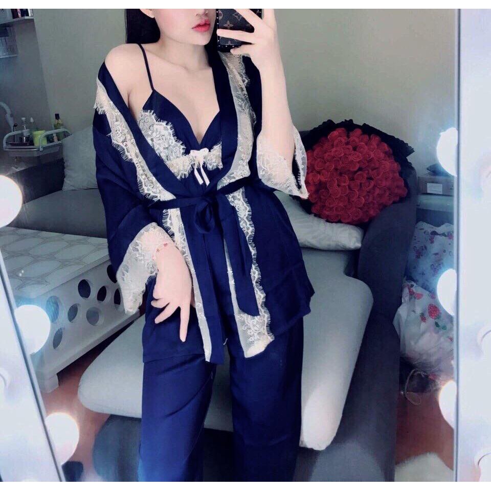 Set 3 món 2 dây lụa satin phối ren kèm choàng KELLY WANG SX236 - hàng cao cấp ( hình thật 2 hình cuối)