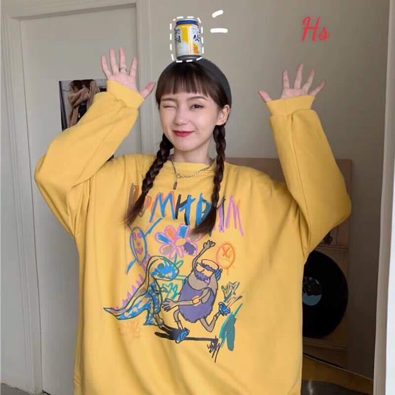 áo nỉ bông cổ tròn dài tay dáng rộng sweater vẽ khủng long người tiền sử Hs TC
