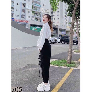 Set quần cạp cao đính nút và áo sơ mi